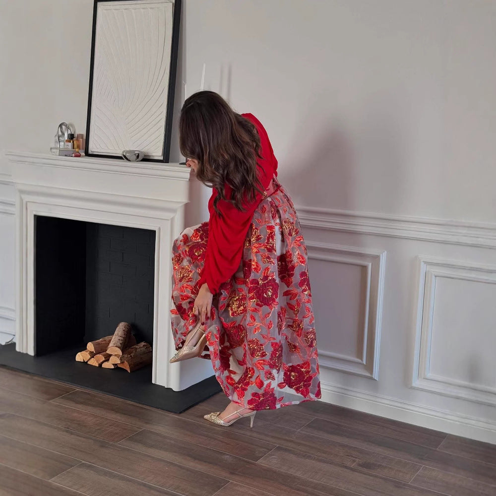 Floral Jacquard Long-Sleeve A-Line Maxi Dress