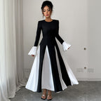 Women's A Line Large Hem Dress Autumn Winter Lacing Round Neck Stitching Contrast Color Bell Sleeve Dress Women