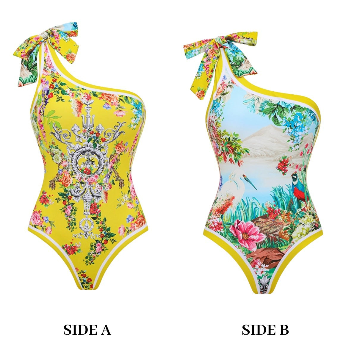 One-piece swimsuit (side A) and one-piece swimsuit (side B) in multicolor floral prints