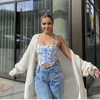 Women's Women’s Blue Floral Lace Up Bustier Crop Top