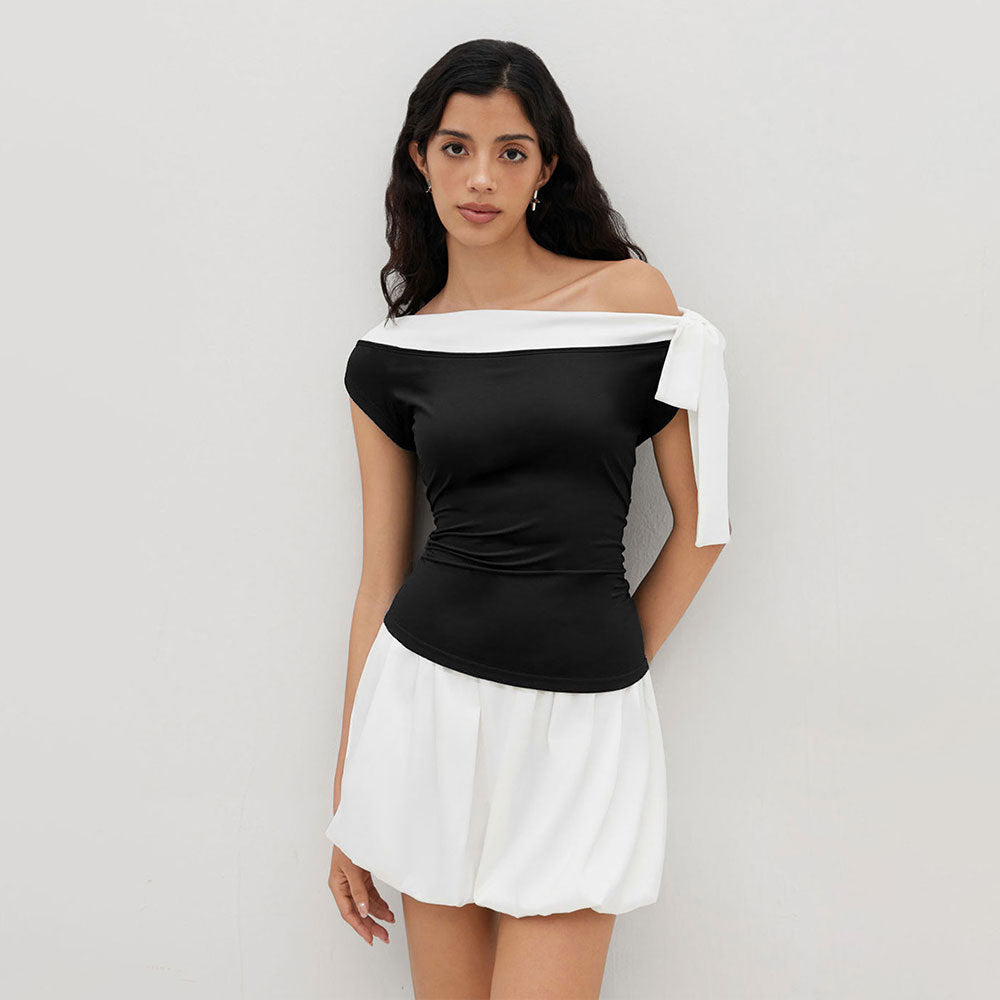 Women's Contrast Off-Shoulder Bow Top