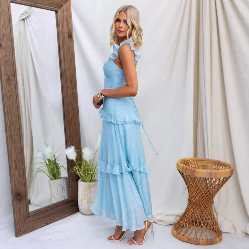 Women's Summer Women Clothing Solid Color Elegant Graceful Ruffled Dress