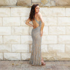 Women's Rhinestone Halter Backless Slit Maxi Dress