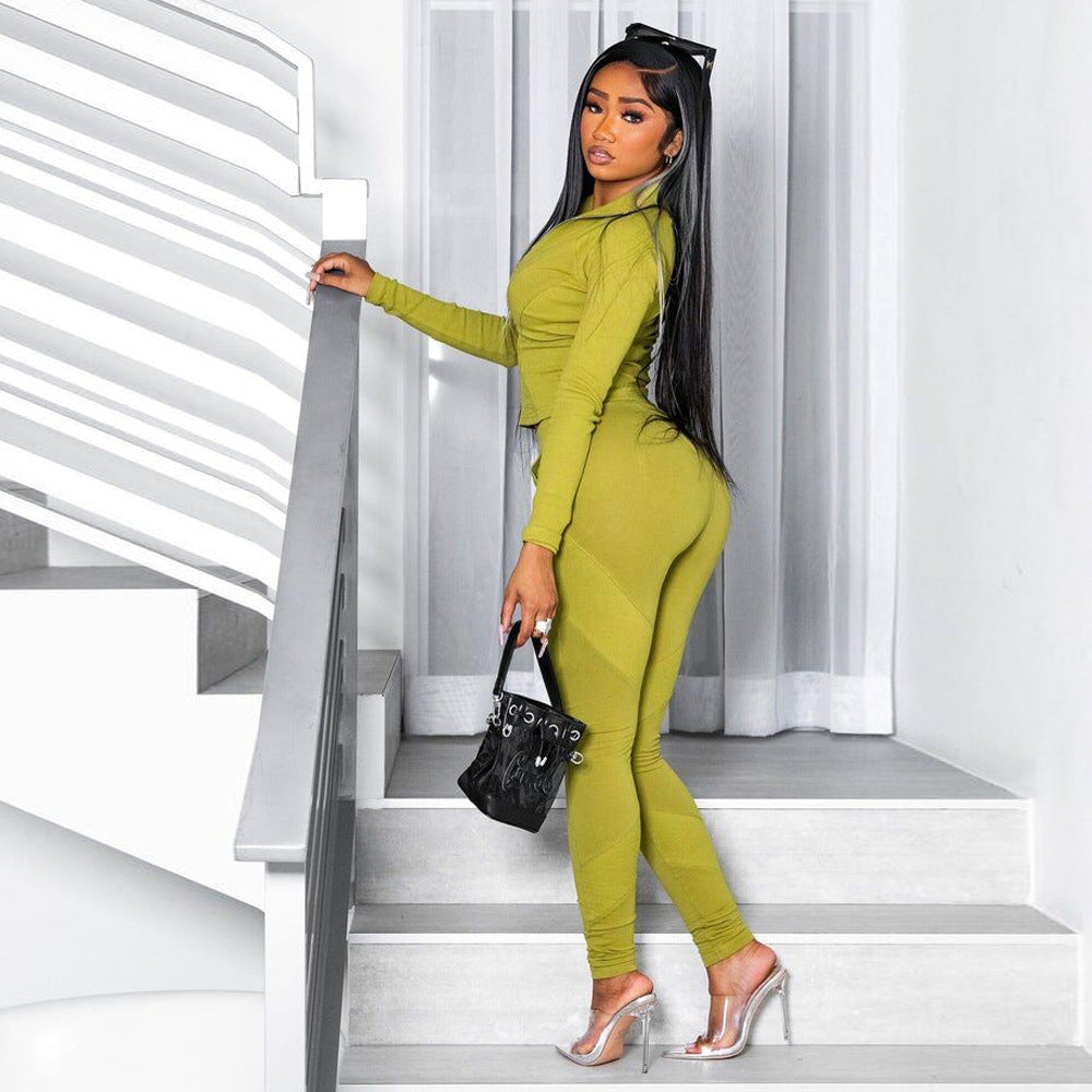 Women's V-Neck Long Sleeve Zipper Coordinated Two-Piece Set