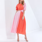Women's Contrast-Color Short-Sleeve Midi Dress