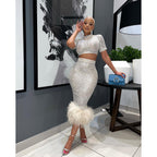 Women's Sequ Short Sleeve Sheath Feather One Skirt