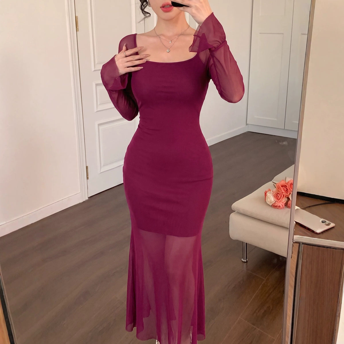 Women's Fall Slim Mesh Stitching Fishtail Flare Sleeve Maxi Dress