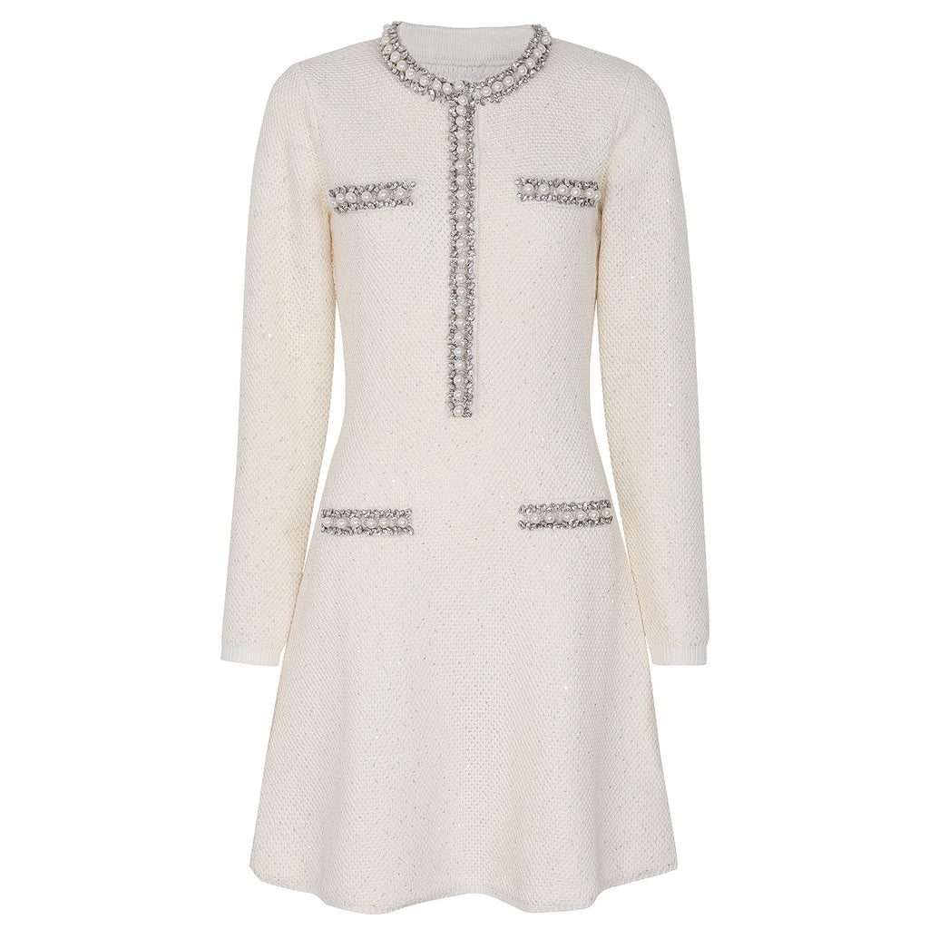 Rhinestone Long-Sleeve Knit A-Line Mini Dress