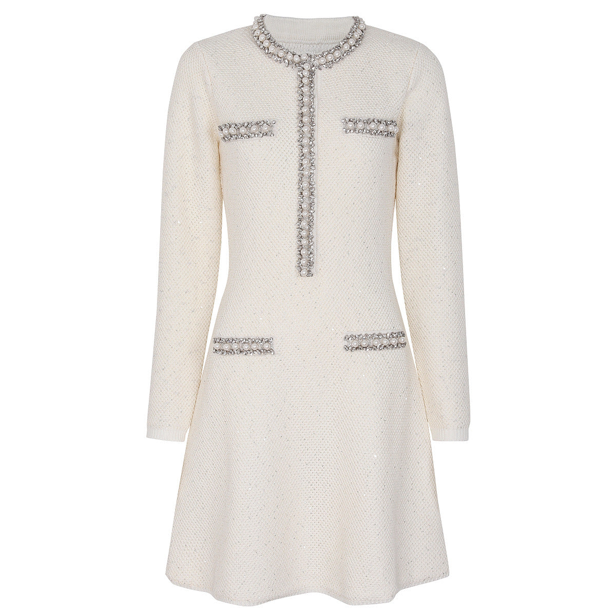 Rhinestone Long-Sleeve Knit A-Line Mini Dress