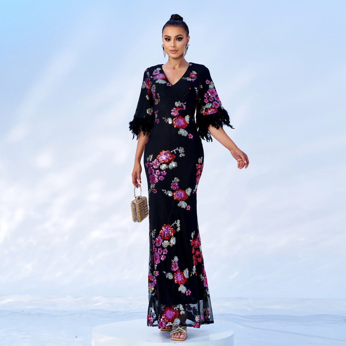 Women's Sequin V-Neck Short Sleeve Evening Maxi Dress