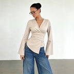 V neck Cross Waist-Controlled Long Sleeves Top Women Bell