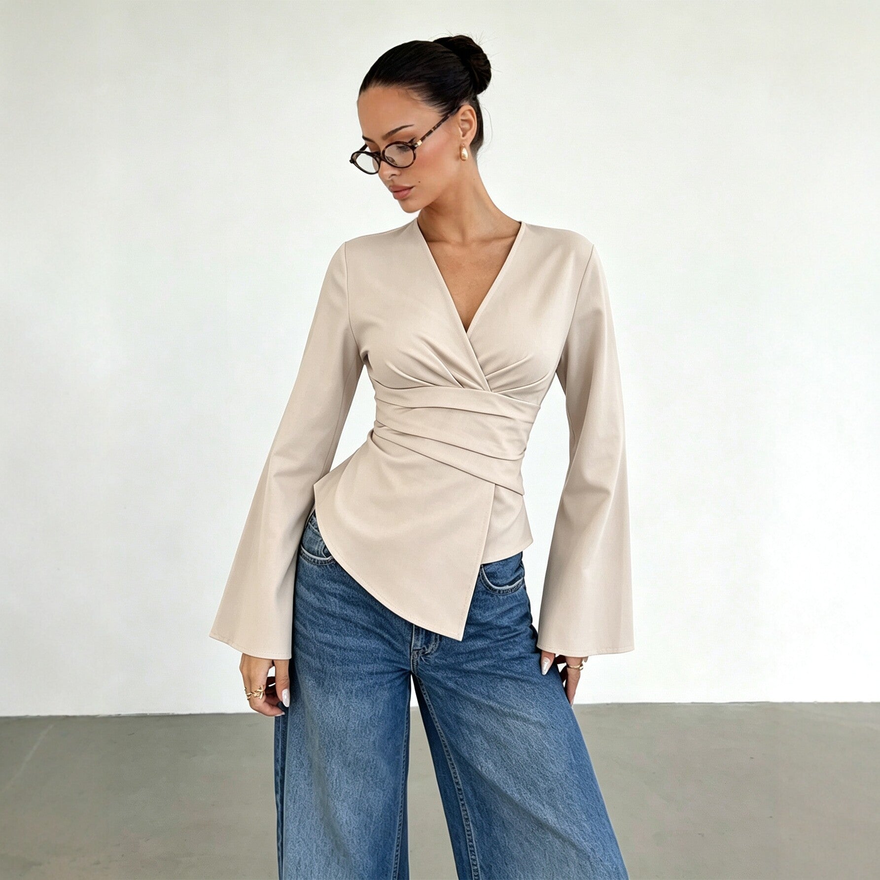 V neck Cross Waist-Controlled Long Sleeves Top Women Bell
