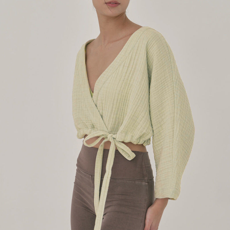 Women's Sports Top Double Layer Gauze Breathable V Neck Cardigan Drawstring Waist Tight Cropped Blouse Women