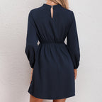 Mock-Neck Cutout Lantern-Sleeve A-Line Mini Dress
