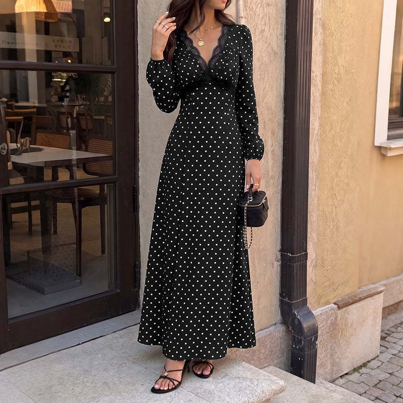 Black Maxi Dress Stitching Lace V Neck Lace Up Fitted Waist Polka