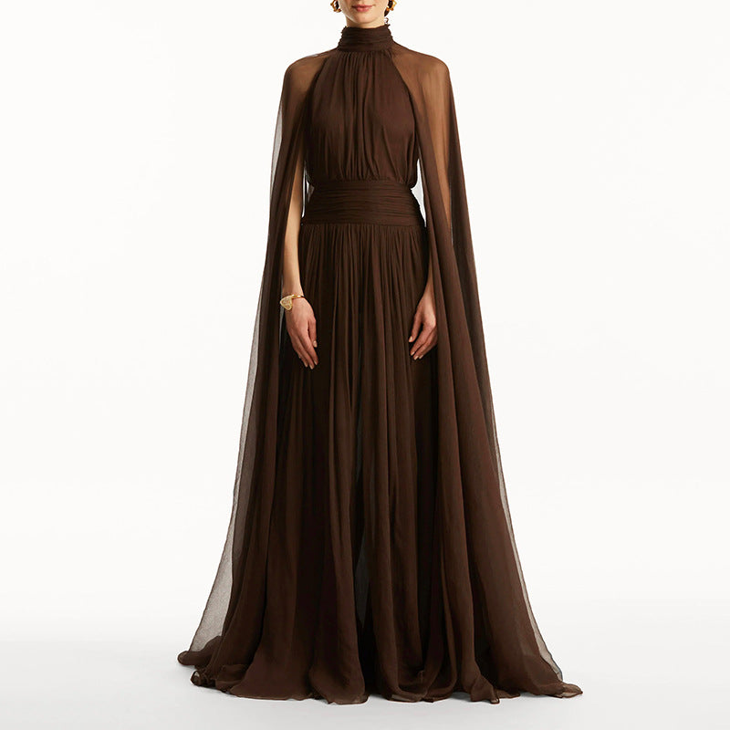 Women's Women's's French Tea Break Mesh Maxi Dress High Collar Bow Decoration Backless Dress