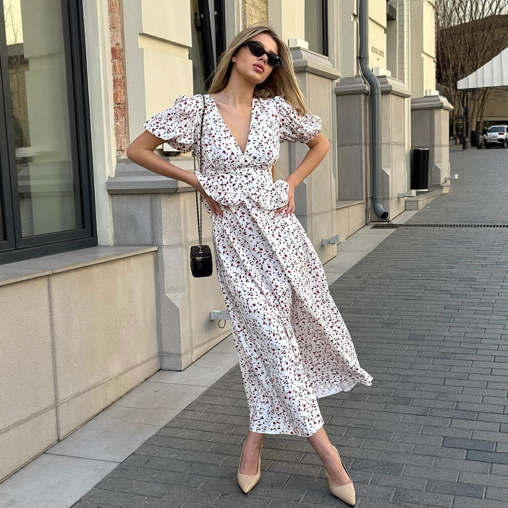 Floral V-Neck Summer Printed Maxi Puff Sleeve Dress