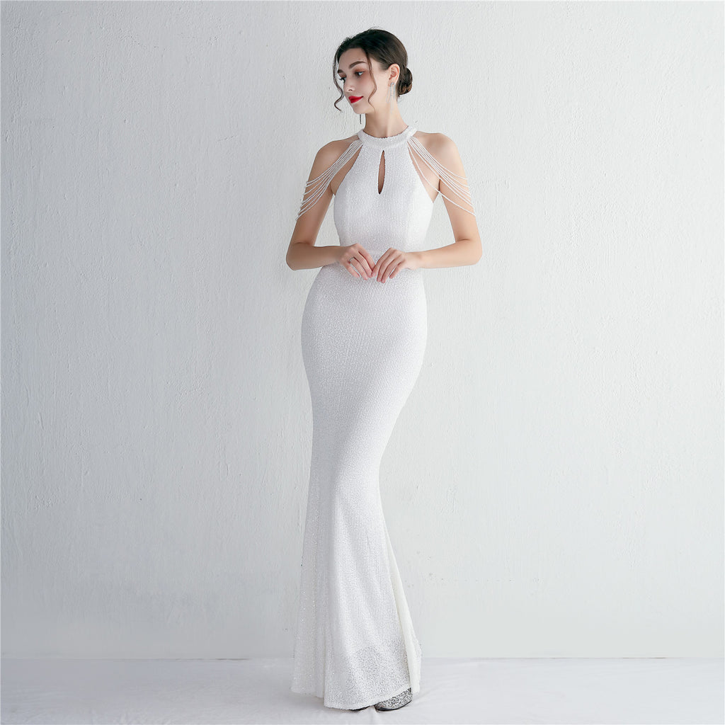 Women's Sequin Beading Cocktail Evening Dress Elegant Long Halter Slim Fit