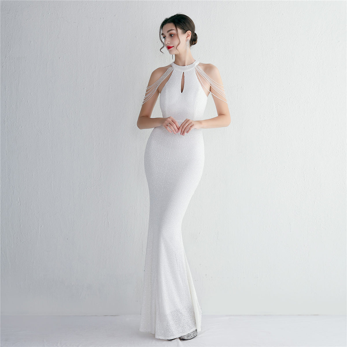 Women's Sequin Beading Cocktail Evening Dress Elegant Long Halter Slim Fit