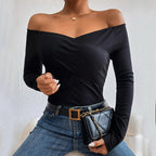 Off-Neck Slim Knitted Long Sleeve T-Shirt Tops