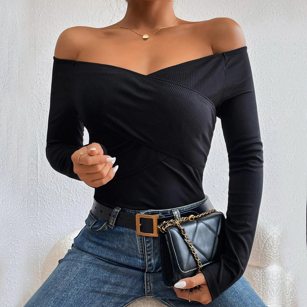 Off-Neck Slim Knitted Long Sleeve T-Shirt Tops