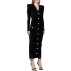 Velvet Long-Sleeve V-Neck Bodycon Midi Dress