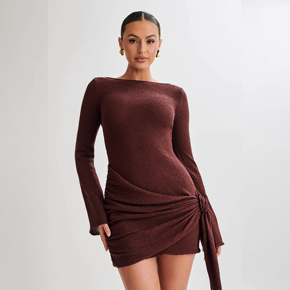 Women's Knitted Long-Sleeved Dress Backless Slim Fit Dress