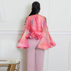 Women's Cold Shoulder Mesh Printed Bell Sleeve Top
