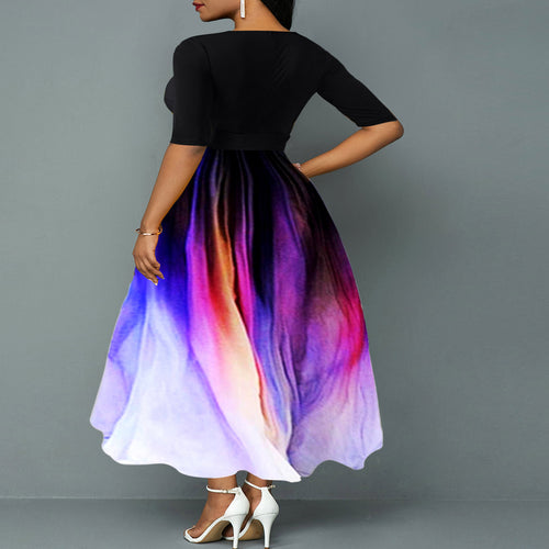 Plus Size Print Slim Fit Elegant Sleeve Belt Dress Sexy V Neck Patchwork Maxi Dress