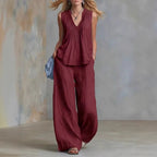 Women Clothing Summer Casual Stylish Solid Color Sleeveless V neck Set
