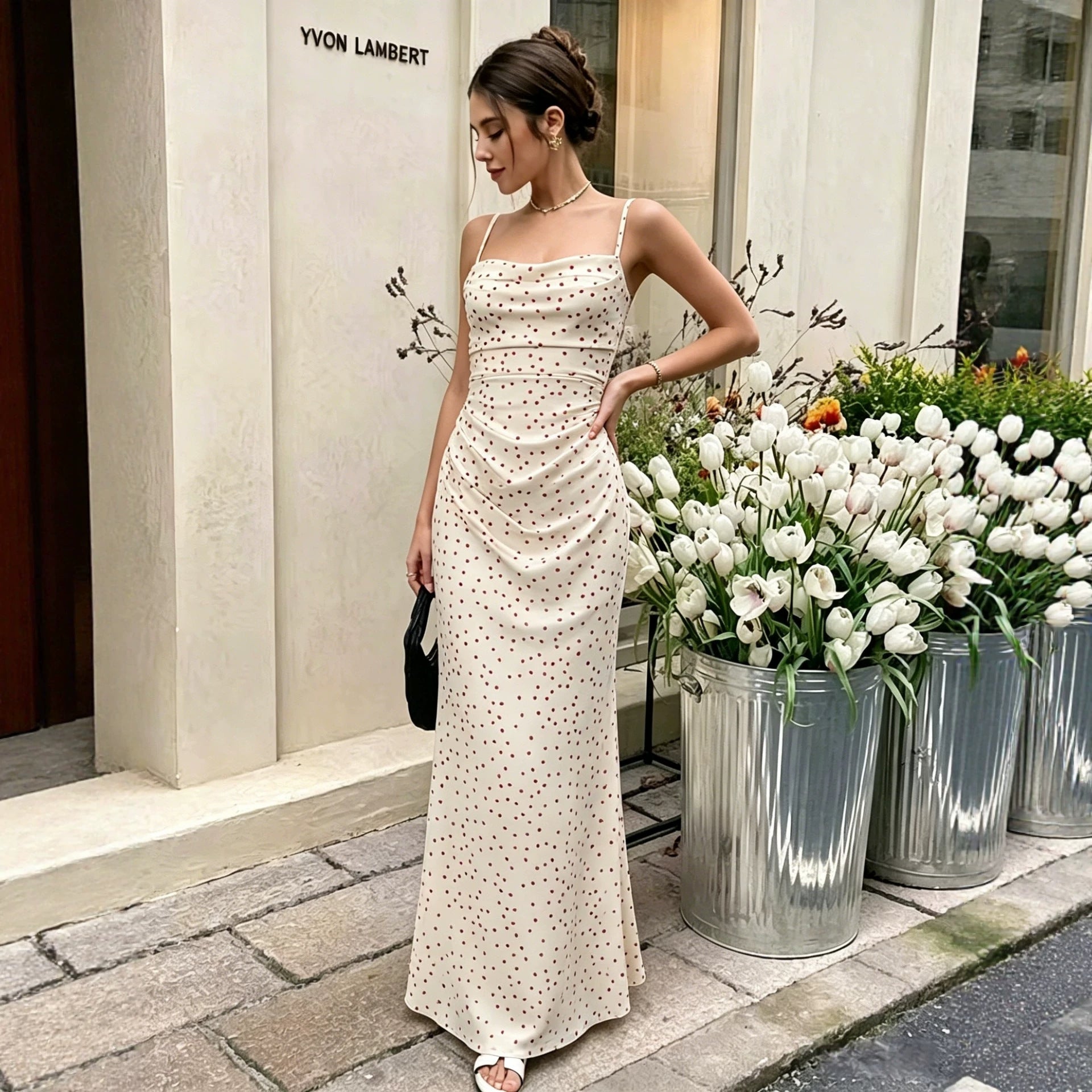 Spaghetti-strap long slip dress with dot print and draped waist