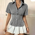 Women's Spring Summer Women Wear Shirt Fitted Waist Striped Shirt Preppy Top Shirt