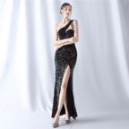Women's Handmade Beaded Velvet Bottom Sequin Dinner Wedding Evening Dress