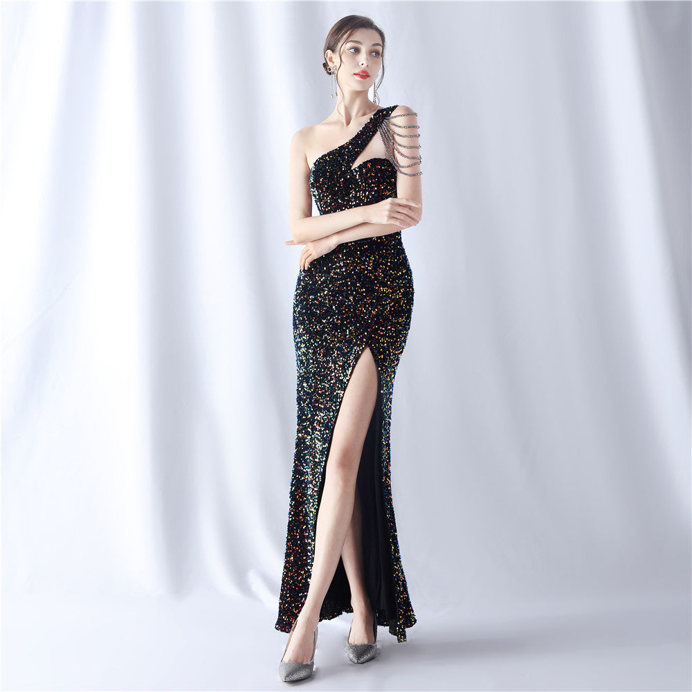 Women's Handmade Beaded Velvet Bottom Sequin Dinner Wedding Evening Dress