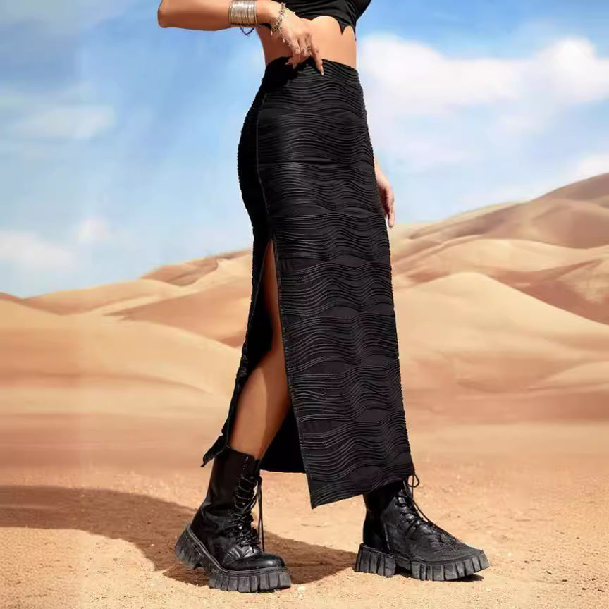 Summer Best Clothes Water Ripple High Waist Slit Skirt