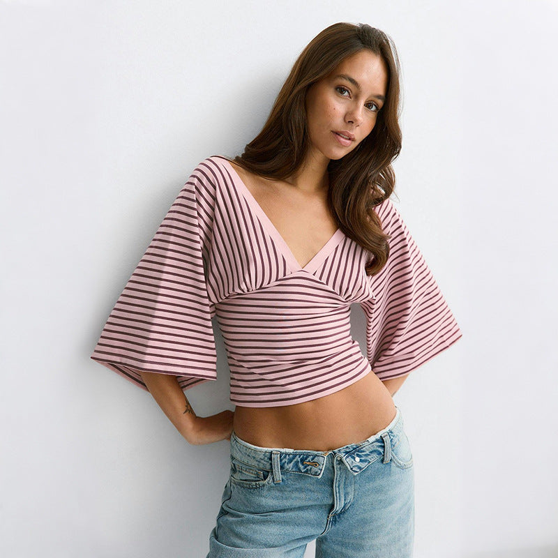 Women Sexy Cropped Outfit V neck Wide Sleeve Striped Top
