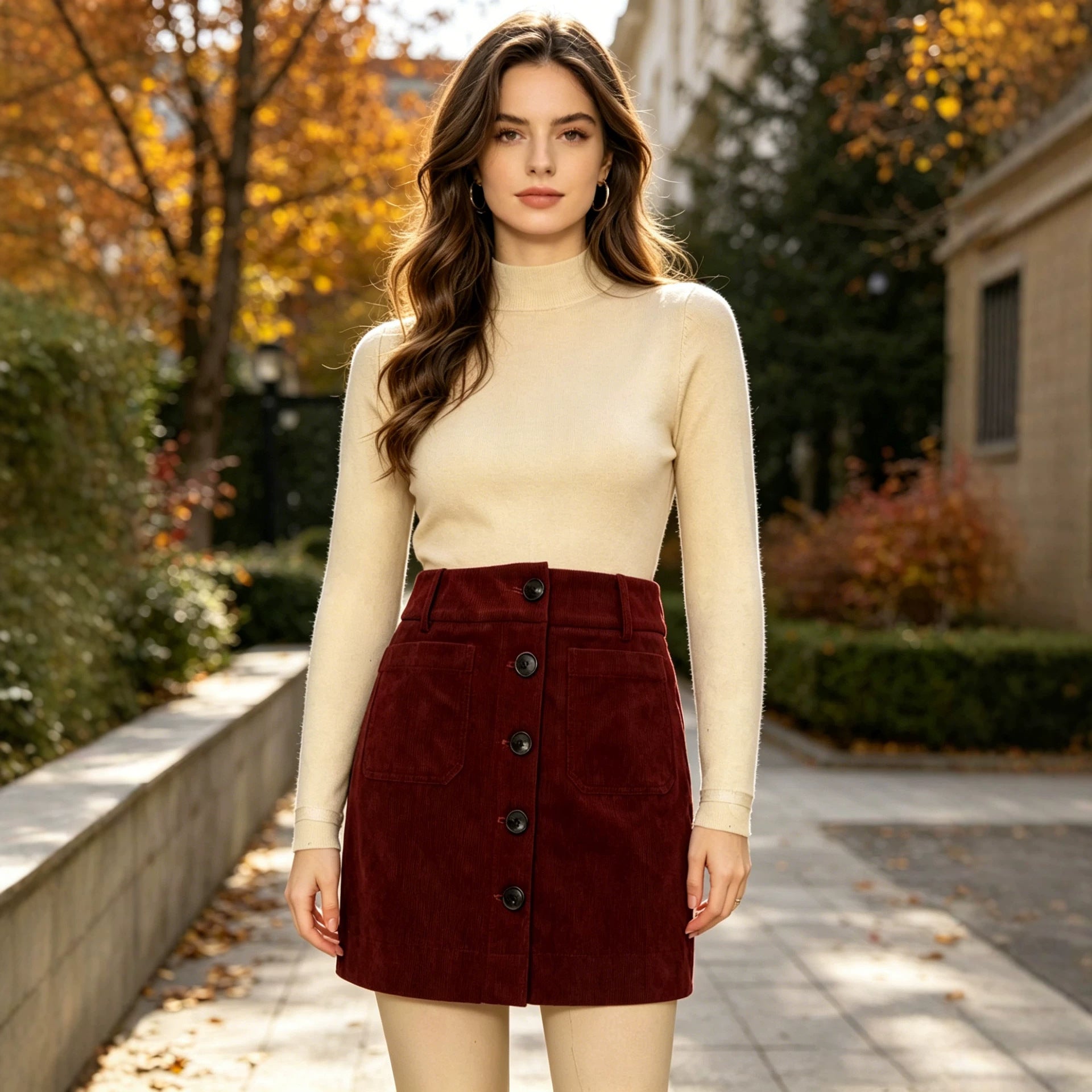 Fall Winter Red Brown Elegant High Grade Corduroy Skirt