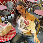 Women's Personalized Street Women T Shirt Oblique Shoulder Big Neckline Leopard Print Letter Graphic Jacket Summer Short Sleeve