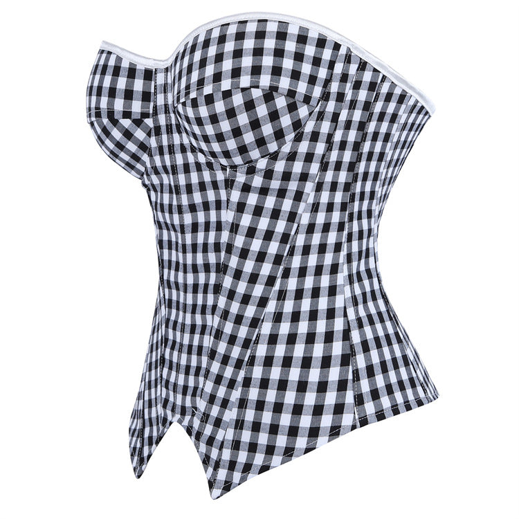 Retro Black White Lattice Pattern Tube Top Body Shaping Waist Slimming outside Wear Inner Wear Strapless Top Side Zipper Belt