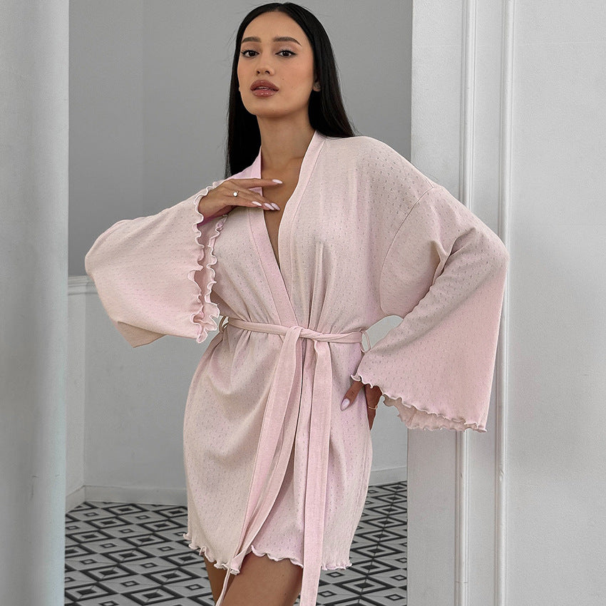 Autumn Winter Knitted Jacquard Breathable Bathrobe Long Sleeved Cardigan Lace up Nightgown Warm Comfortable Homewear Women