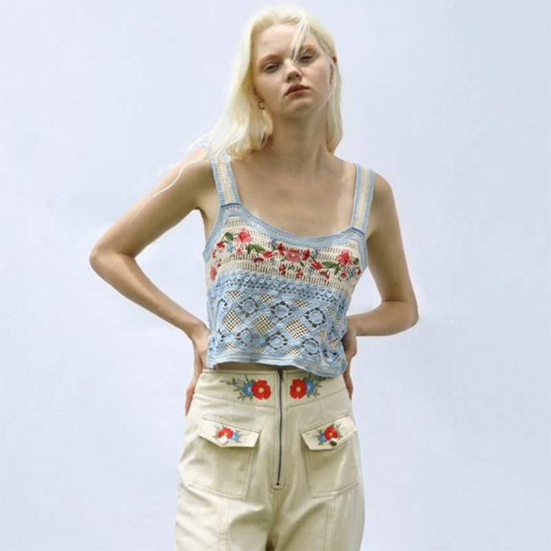 Women's Street Ethnic Vest Embroidery Needle Hollow Out Cutout Woven Camisole Short Slim Top