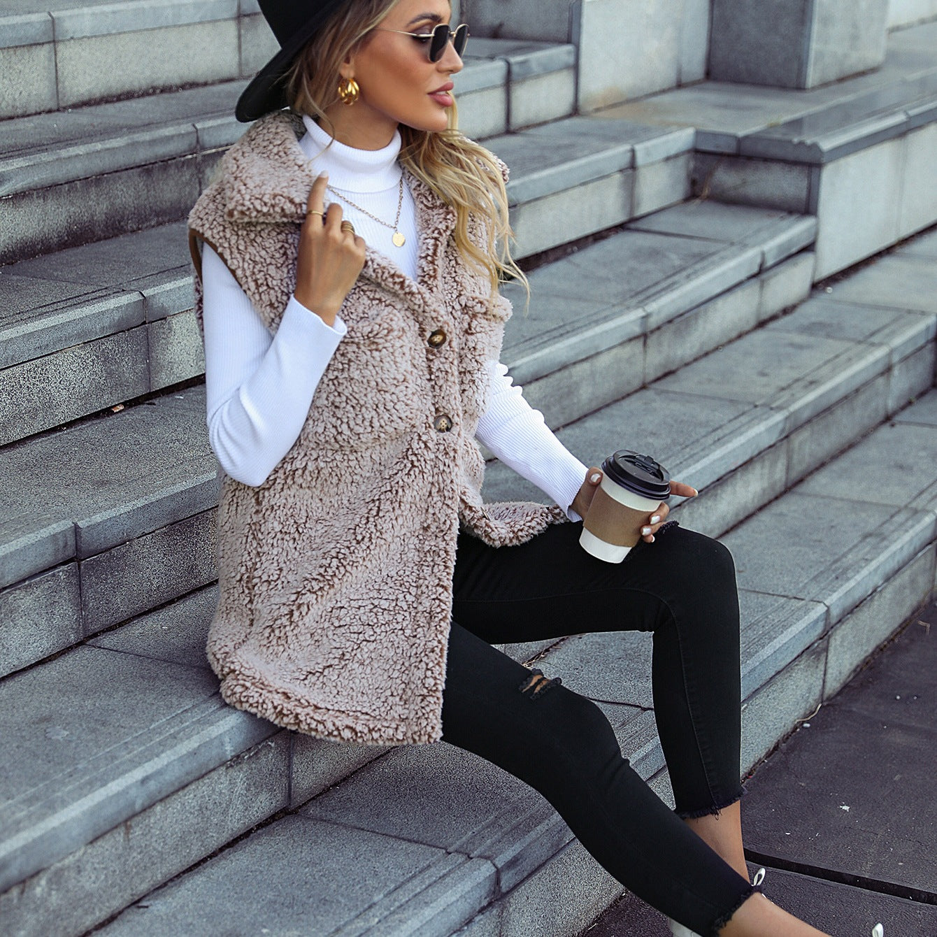 Collared Sleeveless Plush Cardigan Vest