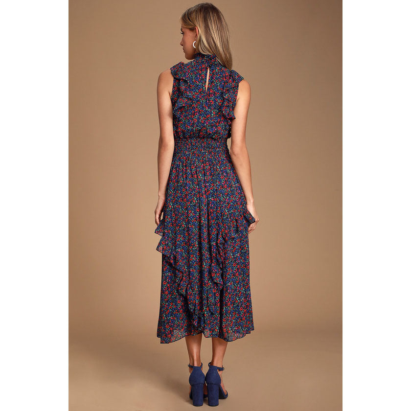 Women Elegance Sleeveless Printed Pleated Dress Maxi Dress