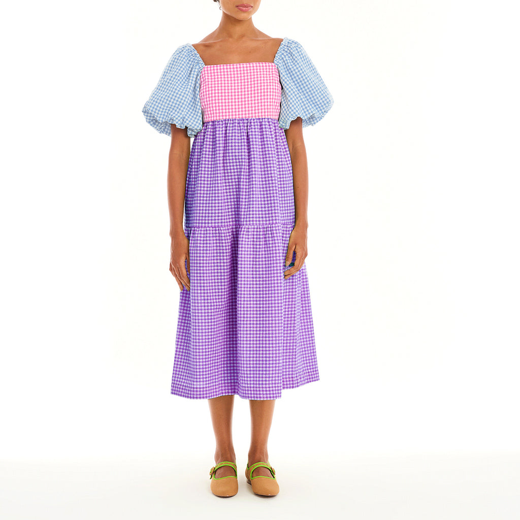 Plaid Color-Block Lace-Up Maxi Dress