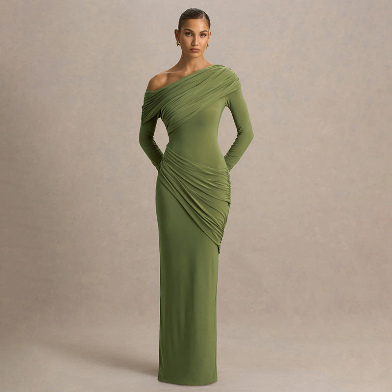 Solid Color Elegant Asymmetric Neckline Pleated Dress