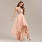 Women's Halter Sequin Lace Asymmetric Sleeveless A-Line High-Low Dress