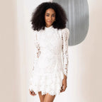 Stand Collar Long Sleeve Embroidered Floral Mesh Short