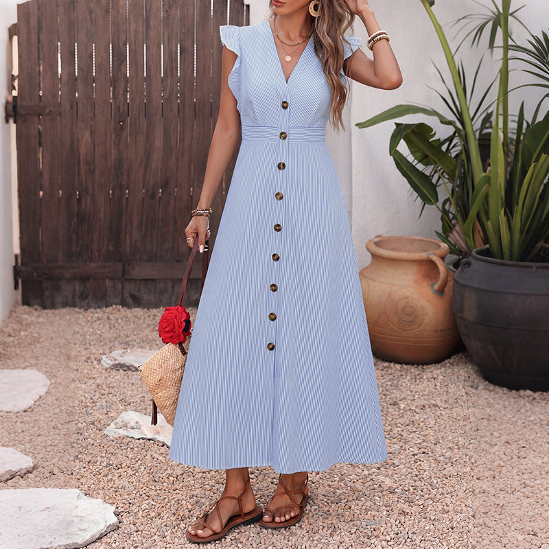 Light blue striped midi dress with V-neck, gold-tone buttons, and flared skirt