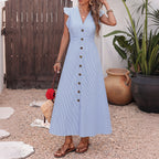 Light blue striped midi dress with V-neck, gold-tone buttons, and flared skirt