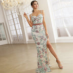 Women's Elegant Boat Neck Sequined Cocktail Sheath Fishtail Bridesmaid Dress Evening Dress Women Dress